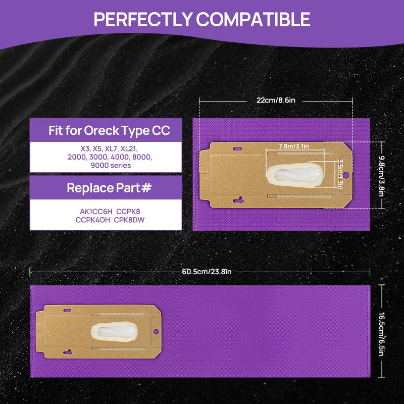 PETOX Type CC HEPA Upright Vacuum Cleaner Bags Replace Part AK1CC6H  Fit for All Oreck Elevate Models X3  X5  XL7  XL21  2000  3000  4000  8000  9000 series  6 Pack  Purple - Image 3